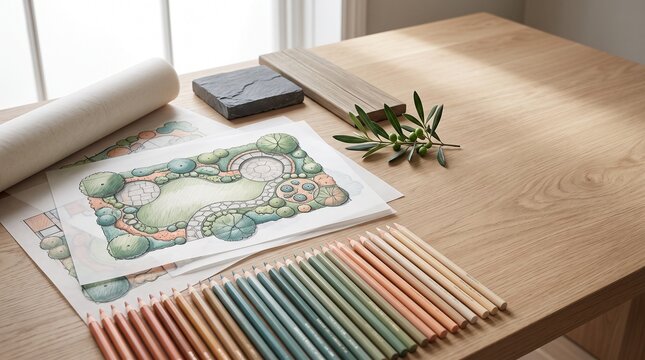Landscape design plan with colored pencils, tracing paper and material samples on wooden studio table, premium creative workspace for garden planning and visualization