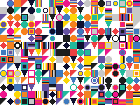 Creative constructivism art poster featuring multicolored shapes and abstract grid configurations for contemporary cover design.