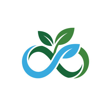 A stylized infinity symbol logo featuring green and blue leaves representing sustainability.