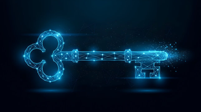 Futuristic digital key concept with glowing wireframe network and glowing particles on dark background
