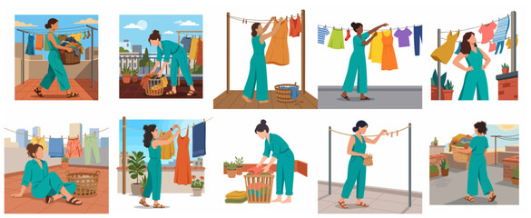 Fototapeta premium Set of illustrations of a woman doing laundry on a rooftop, hanging clothes on a line, and carrying a basket in a flat design style