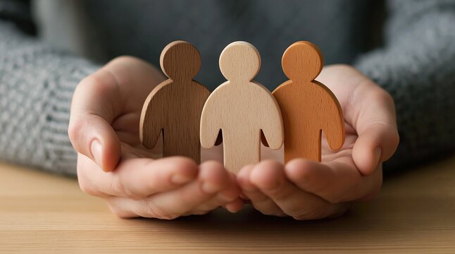 Diversity and inclusion concept with wooden human figures held in hands for equality unity support and community