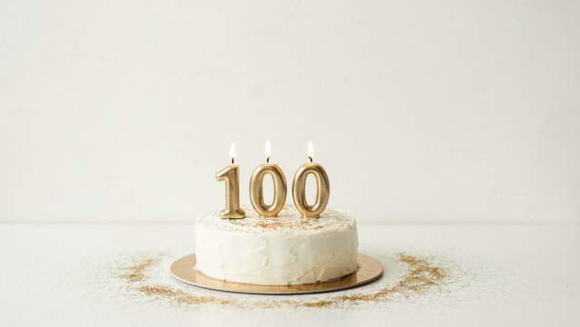 White birthday cake with lit gold number 100 candles on a white surface