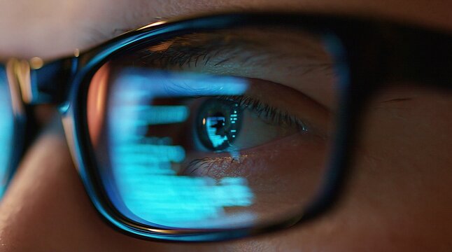 Eye looking at a screen with digital code reflection on glasses representing software developer technology data