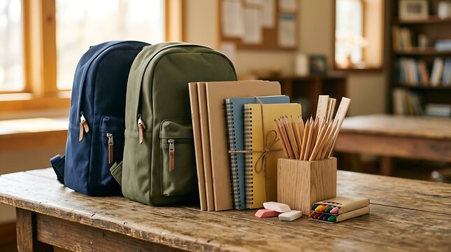 Backpacks and stationery supplies arranged on a wooden table