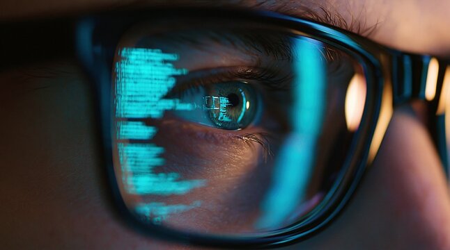 Eye with glasses reflecting digital programming code for software developer technology and cybersecurity data hack