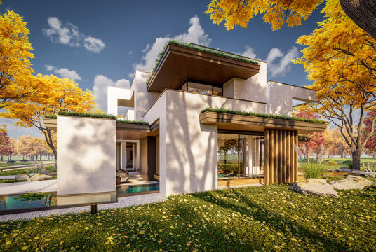 3d rendering of two-story house with parking and pool for sale or rent with concrete facade and beautiful landscaping on background. Clear sunny autumn day with golden leaves anywhere