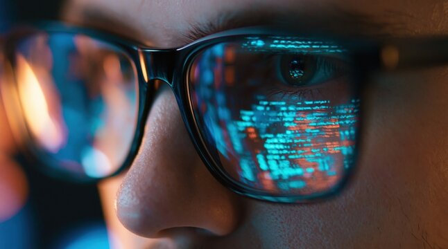 Programmer wearing glasses with digital data and software code reflection for technology coding and cyber security