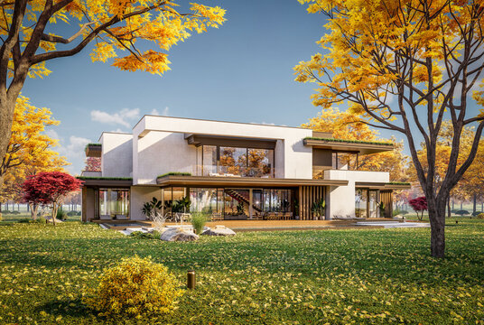 3d rendering of two-story house with parking and pool for sale or rent with concrete facade and beautiful landscaping on background. Clear sunny autumn day with golden leaves anywhere