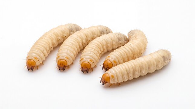 Five creamy white wood boring beetle larvae arranged neatly in a row on white background