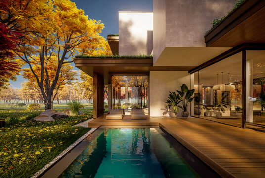 3d rendering of two-story house with parking and pool for sale or rent with concrete facade and beautiful landscaping on background. Clear sunny autumn day with golden leaves anywhere