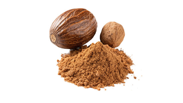 Whole nutmeg seeds with grated aromatic powder heap isolated on transparent background organic baking spice