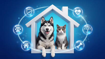 Plakat Pet insurance and veterinary care concept with dog and cat inside a secure home, representing animal health protection, pet wellness, home safety, adoption, veterinary services, and family care