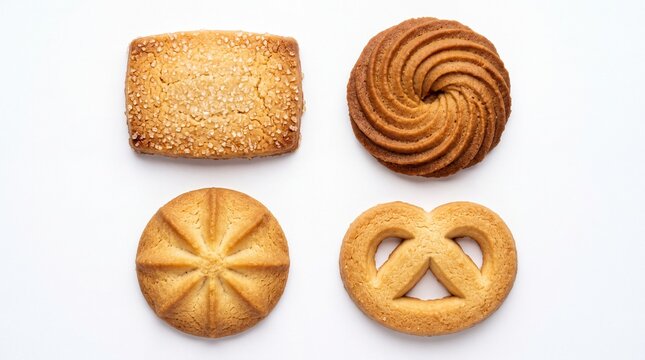 Assorted buttery shortbread biscuits arranged in a flat lay display style composition on white background