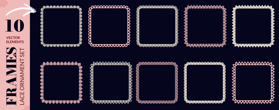 Mini square frames with lace border and doily pattern for sticker. Small rectangle shapes in cream and pink with scallop crochet edge. Vector square promo frame set isolated on dark navy background