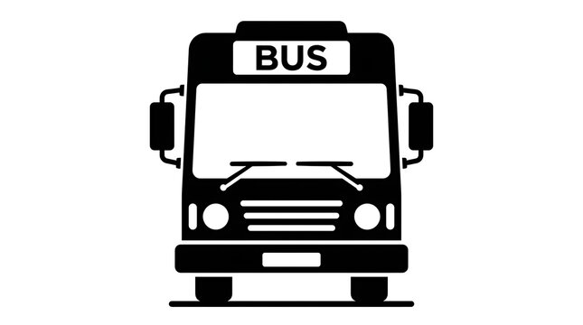 Black and white passenger bus icon, front view vector illustration of public transport.