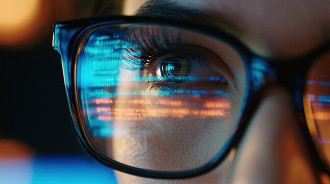 Programmer eyes with digital code reflection in glasses representing software developer technology and coding data