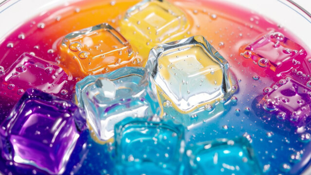 Bright translucent ice cubes in vivid rainbow colors sparkling under studio light creating a playful frozen texture for summer refreshment cooling drinks and abstract backgrounds