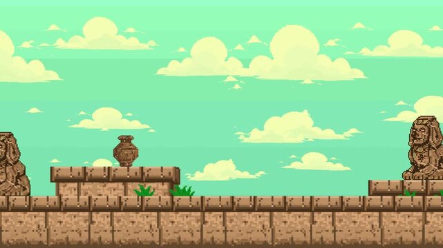 Pixel art style background animation of an old retro game featuring a stone temple with three sphinx statues under a cloudy sky, ruins, ancient, 2D.