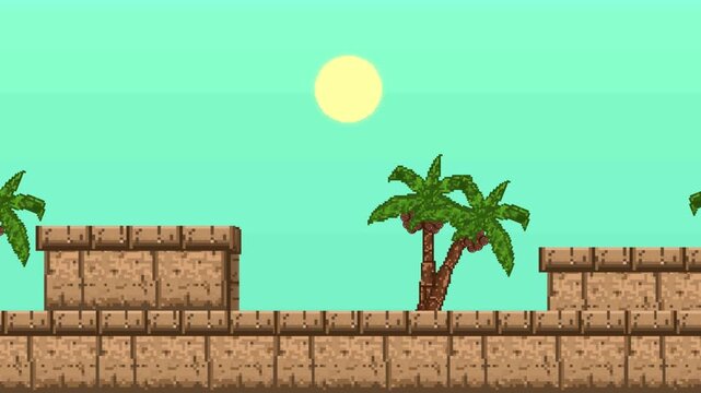 Pixel art style background animation of an old retro game featuring an ancient stone temple, palm trees and a bright sun under a cyan sky, desert, ruins, 2D.