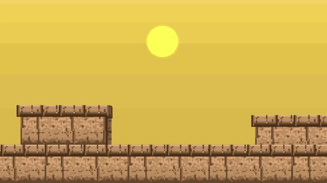 Pixel art style background animation of an old retro game featuring ancient stone ruins under a hot yellow desert sun, vintage, history, 2D.