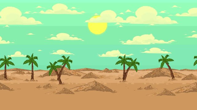 Pixel art style desert background animation for old retro games featuring palm trees and sand dunes under a bright sun, oasis, vintage, 2D.