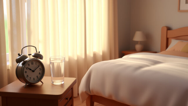 Classic alarm clock beside a softly lit bed with warm morning curtains representing waking routines sleep schedules time awareness peaceful mornings and the beginning of a new day