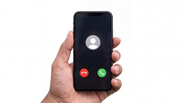 Human hand holding modern smartphone displaying an incoming call screen isolated on white background