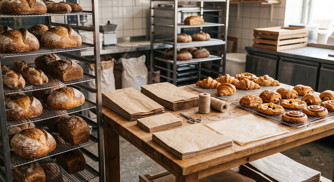 Racks of rustic bread and trays of golden pastries surrounding a wooden packing table in a small bakery, featuring assorted loaves, croissants, buns, paper sheets, and warm daylight.