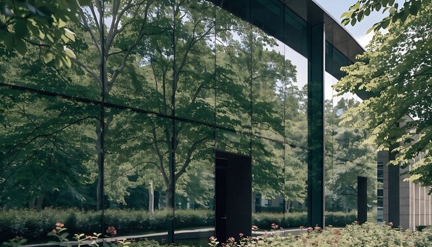 Modern architectural building with reflective glass facade and lush green forest reflection