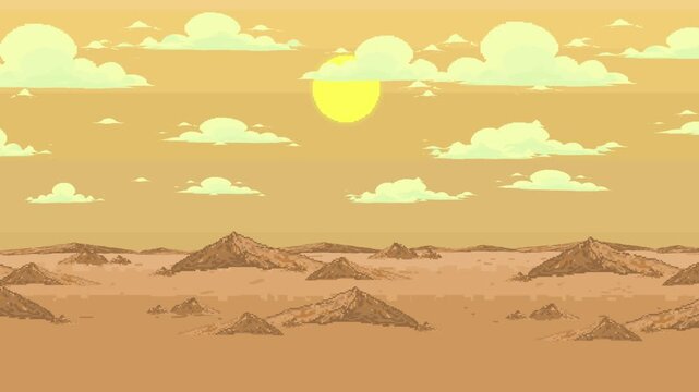 Pixel art style sand dunes landscape animation of an old retro game under a yellow sunset sky with clouds, desert, backdrop, vintage.