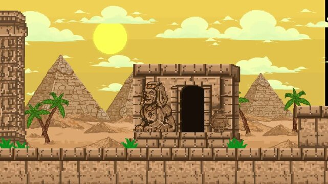 Pixel art style retro game background animation featuring Egyptian pyramids, palm trees and an ancient stone temple under a bright sun, vintage.