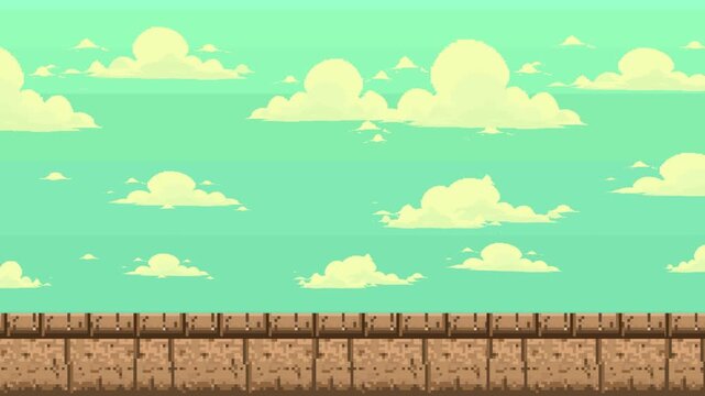 Pixel art style sky and clouds background animation for old retro games with an ancient brick ground layer, backdrop, vintage, loop.