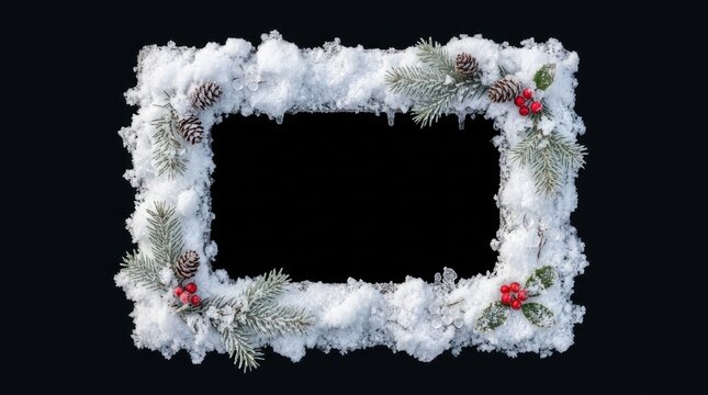 A rectangular frame is covered in a thick layer of snow and adorned with pine branches, pinecones, and red berries.