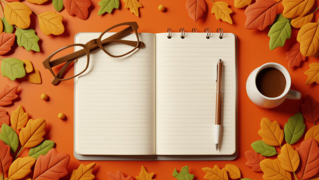 Blank notebook with pen coffee and autumn leaves arranged on a warm desk creating a seasonal planning workspace for journaling writing organization reflection and creative fall ideas