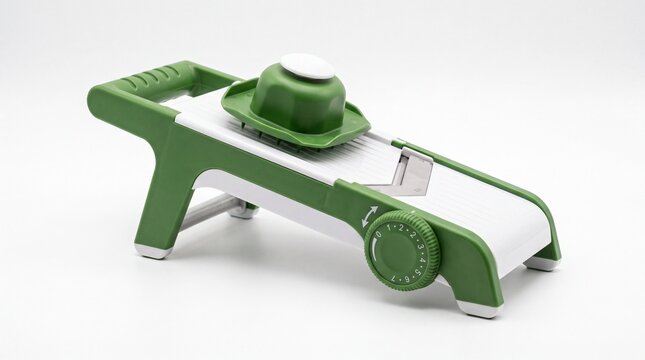 Green and white plastic kitchen vegetable mandoline slicer tool featured in studio setting on white background