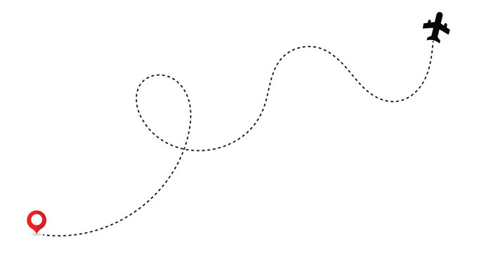 Airplane dotted line route with location pin, Travel path vector.Flight path dotted curve line route start point to destination concept of travel,navigatin,Aircraft travel route with dashed line path.