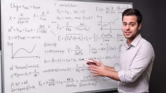 Young mathematics professor explaining complex equations on whiteboard. Academic lecture in university classroom. Panning and tilting camera movement.
