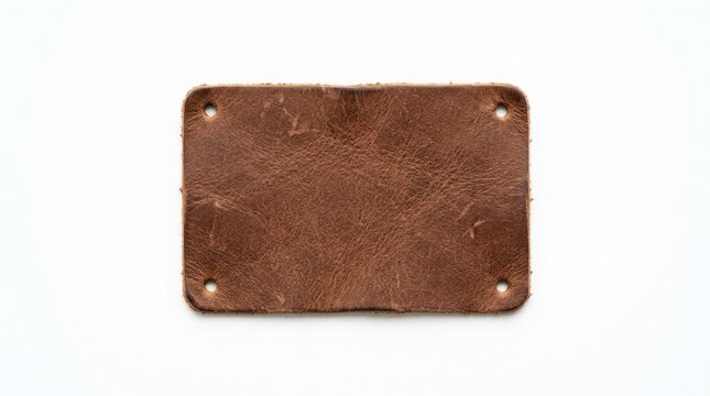 A rectangular piece of brown leather rests on a white surface. The leather has a distressed, textured appearance with visible stitching holes.