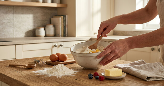 A person mixes flour, eggs, and butter in a bowl on a kitchen countertop, surrounded by baking ingredients and utensils, creating a warm and inviting atmosphere.