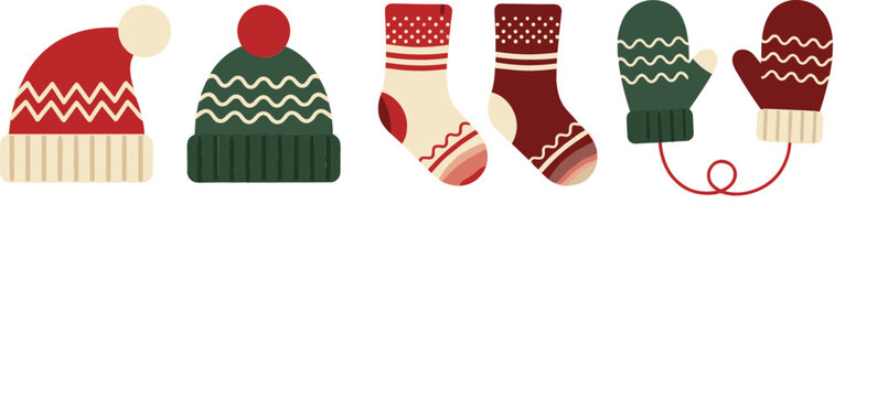 Winter warm clothes icon collection with cozy knitted hat socks gloves mittens for christmas season decoration vector illustration