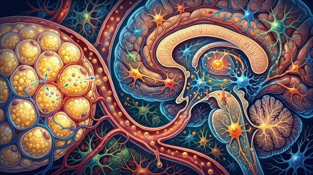 Neural Pathways and Fat Cells: A vibrant, abstract visualization of the human brain's intricate neural network intertwining with clusters of adipose cells.
