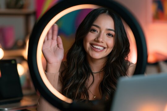 Gen Z Latina teen influencer filming a video chat in a cozy home studio