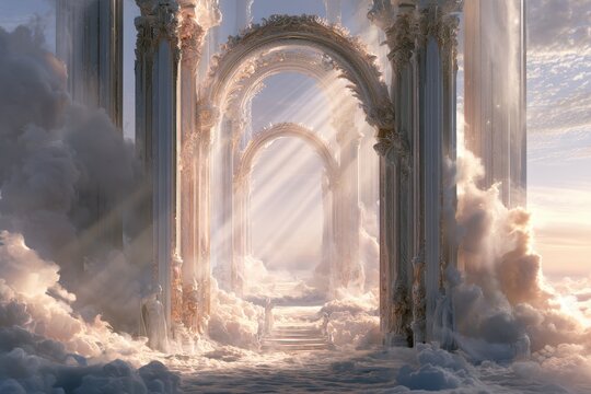 Gates of paradise: luminous archways in gold and white against a peaceful cloudscape
