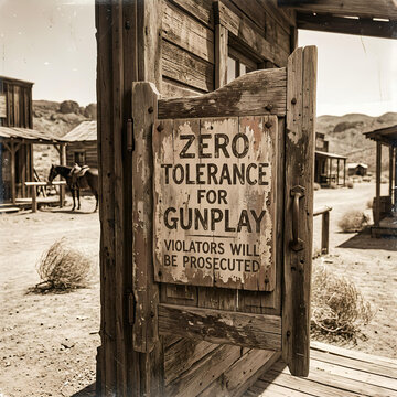 Old West Town Entrance with Zero Tolerance for Gunplay Sign and Horse