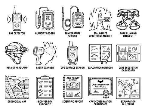Caving exploration icons set, 15 black line vector symbols for speleology and cave research, scientific equipment and geology tools