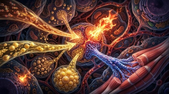 Cellular Synergy and Energy Transfer: A vibrant, abstract depiction of microscopic cellular activity, showcasing energy flowing and interacting between diverse biological structures.