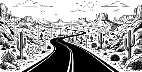 Fototapeta premium Black line American desert road panorama, cacti, rocky mountains, sand and highway scenery for USA road trip travel illustration isolated on white background