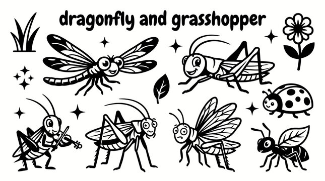 dragonfly and grasshopper species featuring colorful dragonflies katydids crickets locusts and meadow insects vector illustration set for nature wildlife biology entomology gardens ecology outdoor