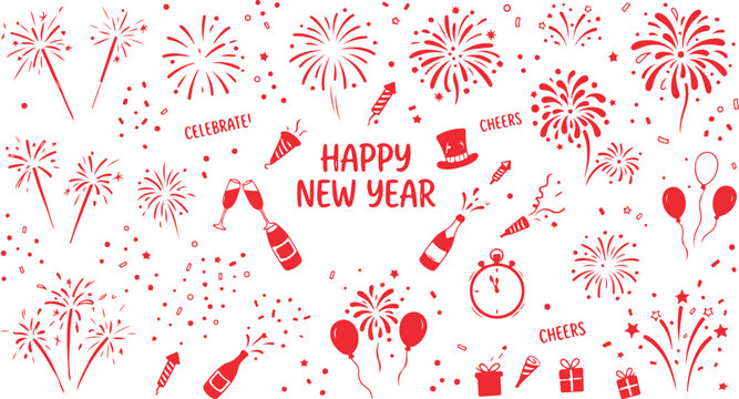 Red new year celebration elements like fireworks champagne and hats for festive holiday design.